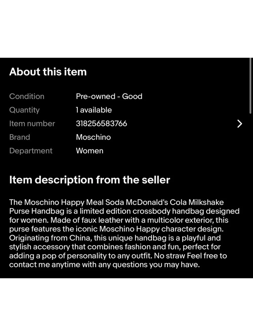 Moschino Happy Meal Soda McDonalds Cola Milkshake Purse Bag